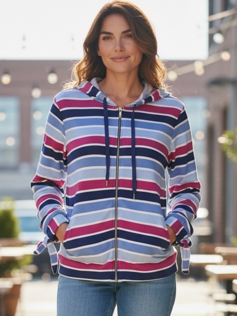 Crown & Ivy Striped Full Zip-Up XXL Hoodie - Blue & Hot Pink